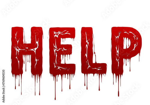 Red help text with a dripping effect against a white background in a graphic design element on transparent background