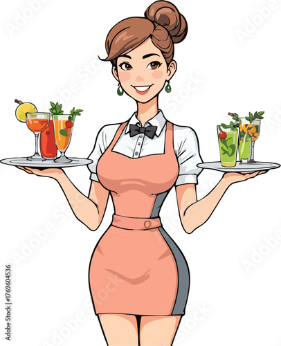 Elegant Waitress Serving Colorful Cocktails Vector – Stylish Female Bartender with Two Trays, Modern Restaurant