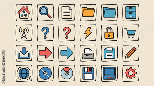 Hand drawn icons for technology and communication house magnifying glass