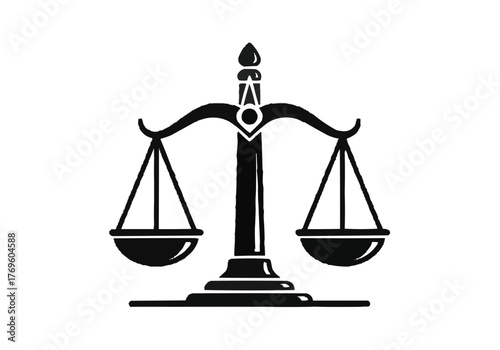 Illustration of a balanced justice scale with two pans and a central support structure in black and white on transparent background