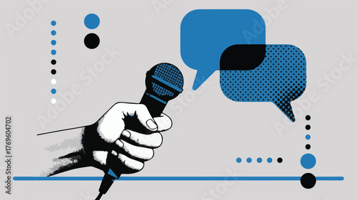 Hand holding microphone with blue speech bubbles black