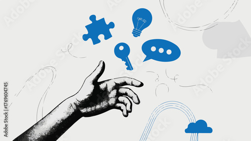 Hand reaching for idea symbols puzzle key lightbulb speech bubble puzzle piece