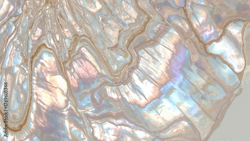 Texture of mother-of-pearl seashell surface with iridescent, swirling patterns and colors.