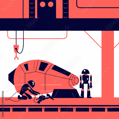 Millennium falcon is being repaired by an astronaut and a droid assistant