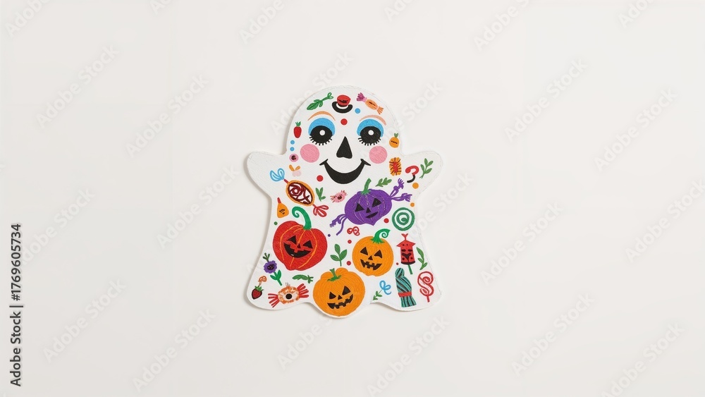 Fototapeta premium A ghost hand-painted with Halloween motifs on a white backdrop.