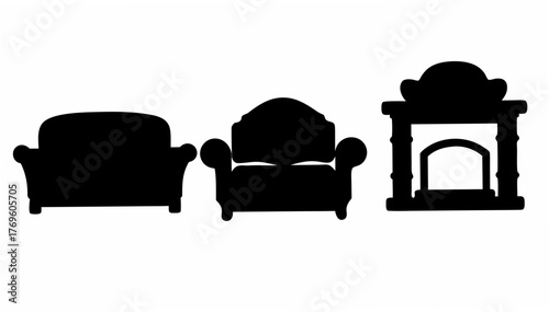 Charming black silhouette of living room furniture, featuring a cozy sofa, armchair and fireplace, perfect for creating stylish interior designs