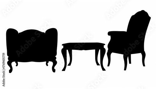 Elegant antique furniture silhouette, perfect for branding or design projects evokes classic style, with a chair, loveseat, and table, timeless charm