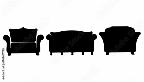Elegant living room furniture silhouette featuring a sofa and armchairs, ideal for interior design projects, stylish furniture layouts, and modern home decor mockups