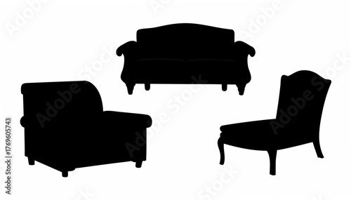 Elegant black furniture silhouette set for sophisticated interiors, perfect for minimalist designs and modern living spaces showcases stylish armchair sofa chair