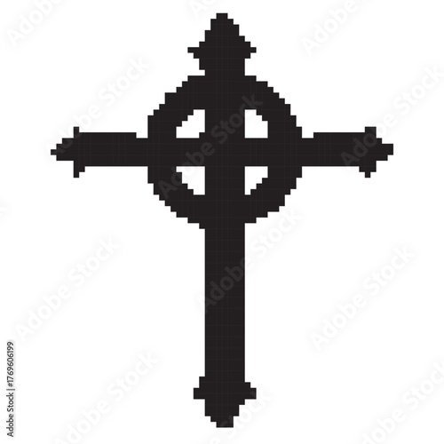 christian cross pixel icon, 8-bit. Vector illustration on a white background.