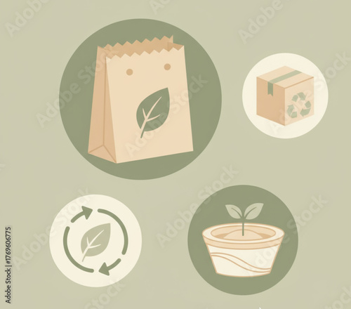 Eco-Friendly Packaging and Sustainability Icons Representing Recycling, Nature and Conservation