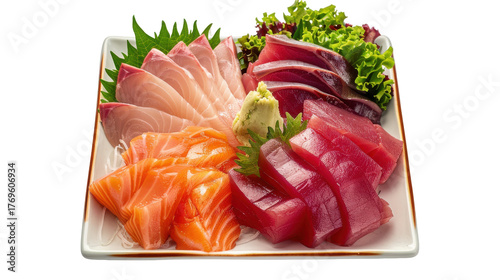 Fresh sashimi platter showcasing assorted fish varieties with vibrant garnishes, isolated on white background