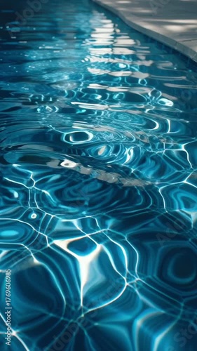 Crystal Clear Blue Swimming Pool Water Ripples With Sunlight Reflections On A Bright Sunny Day