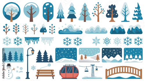 Frozen Winter Scenery Vector – Snowy Trees, Lake, and Forest for Landscape Design, Holiday Cards, Digital Artwork, Environmental Projects, Seasonal Illustrations, or Nature Backgrounds