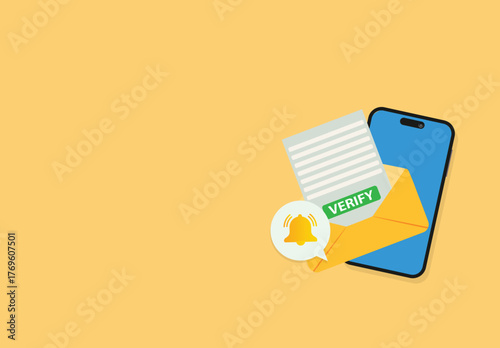  Mobile phone with a bell notification and verify mail. .Reminder on smartphone screen New message notification
