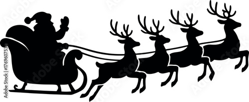 Vector silhouette of santa claus riding in a sleigh pulled by four reindeer in black color