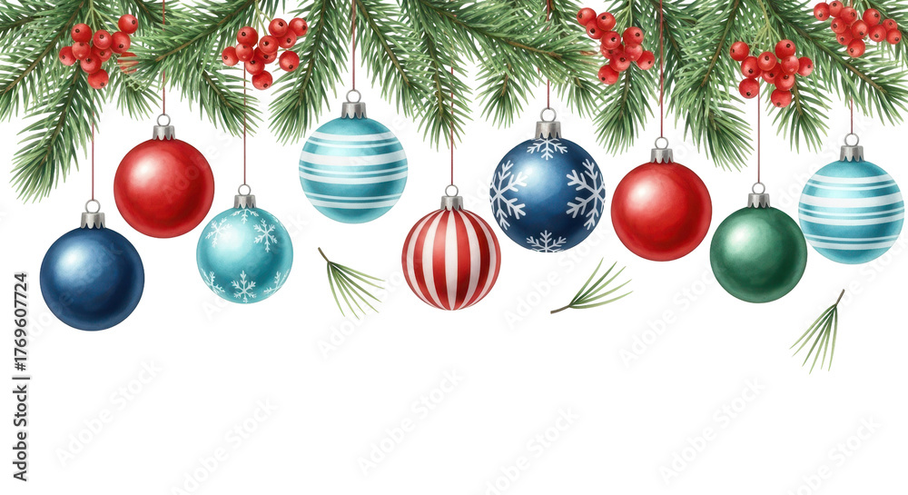 Fototapeta premium Festive Ornament Garland: A vibrant collection of colorful baubles suspended from lush evergreen boughs, the image embodies the joyous spirit of the holiday season and create a cheerful atmosphere.