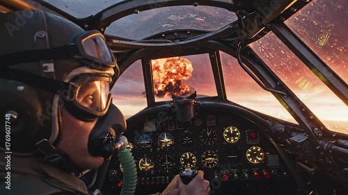 World War Two Pilot in Cockpit Witnessing Explosions During Aerial Combat