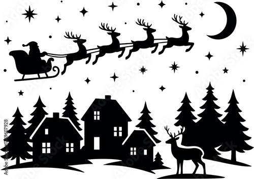 Vector silhouette of santa in sleigh with reindeer flying over houses and trees at night sky