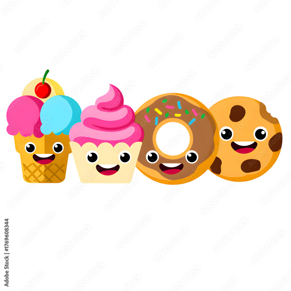 Fototapeta premium Cute cartoon sweets characters ice cream cupcake donut cookie fun