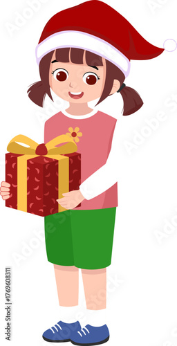 A little girl wearing a Santa hat and carrying Christmas presents, suitable for Banner, flyer, website, and children book