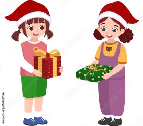Two little girls wearing Santa hats are standing while exchanging Christmas gifts. This illustration is suitable for banners, children's books, flyers, and websites.