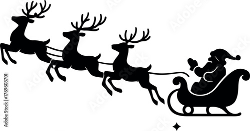 Vector silhouette of santa claus in a sleigh being pulled by three reindeer on a white background