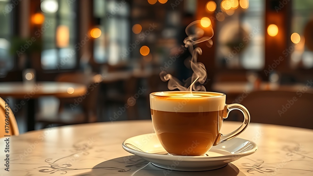 Obraz premium Steaming hot latte cup on an elegant cafe table, evoking a warm morning breakfast atmosphere.