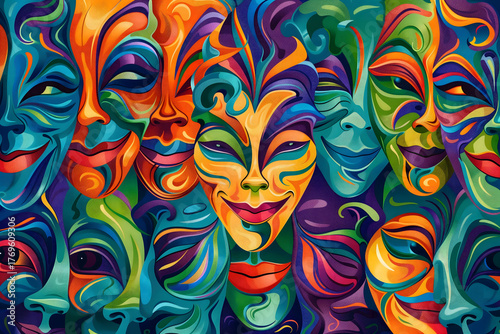 Abstract Carnival Mask Pattern with Swirling Colors and Painted Texture