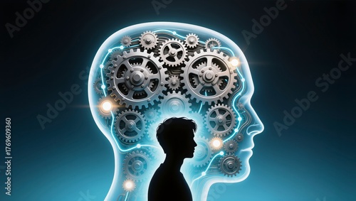 Silhouette of a human head with gears, symbolic representation of creativity and thought, futuristic design, ideal for tech themes.