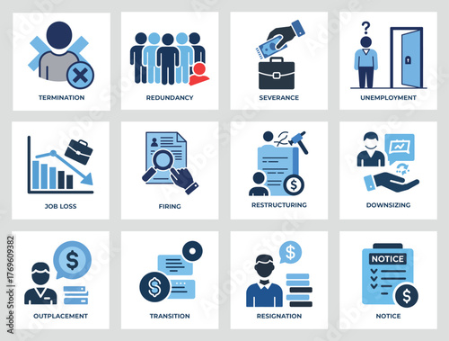 4x3 Employment Crisis Icon set Termination, Redundancy, Severance, Unemployment, Job Loss, Firing, Restructuring, Downsizing, Outplacement, Transition, Resignation, and Notice