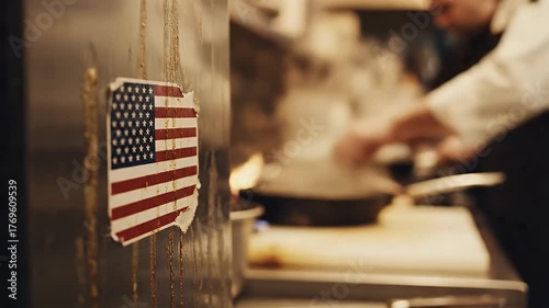 Gritty Close-up of Worn American Flag Sticker in Industrial Kitchen with Chef Working Hard in Slow Motion