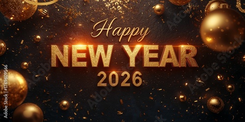 Happy New Year 2026: Glittering Golden Typography with Festive Ornaments, Gifts, and Red & Gold Celebration Decor