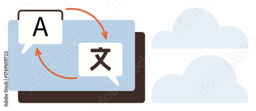 Two speech bubbles with A and a character, connected by arrows, depict translation. Ideal for learning, language tools, globalization, communication, AI, education simple flat metaphor