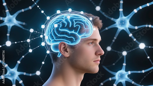 Young man in profile, human brain illustration with neural connections, focus on mental activity, theme of intelligence and learning.