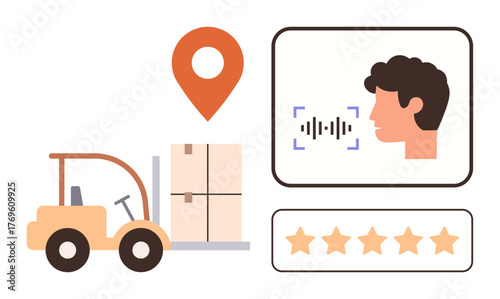 Forklift moving cargo, GPS marker, facial recognition with voice input, and 5-star rating system. Ideal for logistics, supply chain, technology, automation, review feedback and customer service