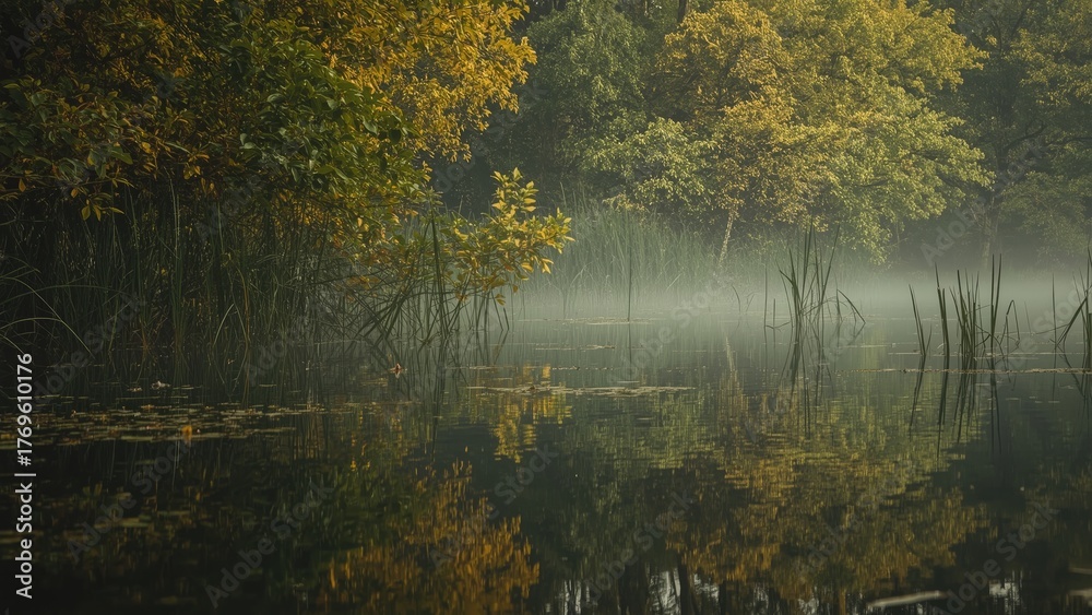 Fototapeta premium Reflective waters of a swamp landscape with water, trees, grass, leaves, and plant life, showcasing nature and greenery.