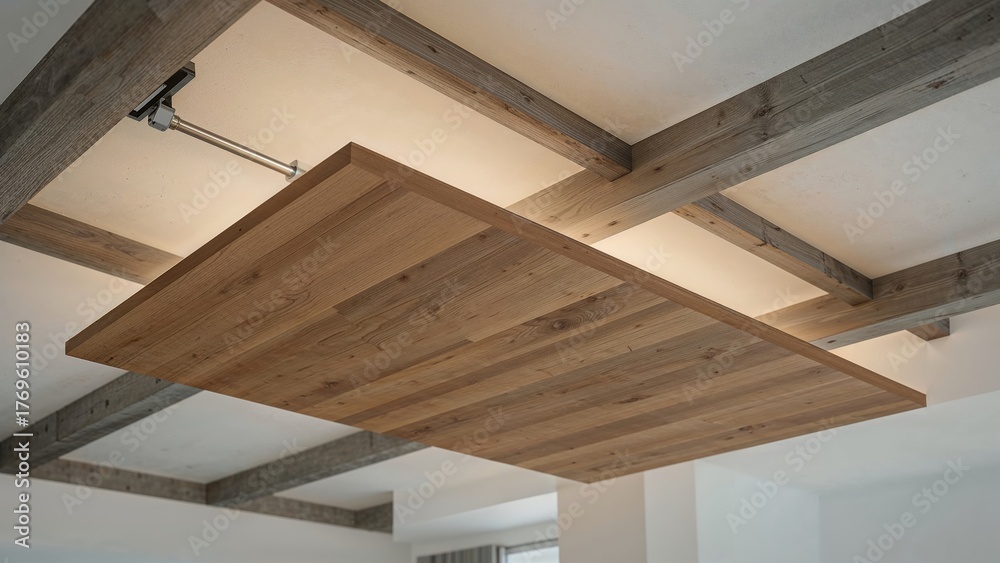 Fototapeta premium Stylish wooden false ceiling in the house, modern ceiling, with wooden platform suspended from gray wooden beams, ecological ceiling repair.
