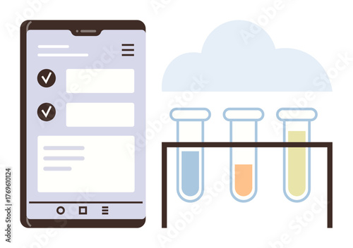 Smartphone screen showing checklist app next to test tubes under a cloud, highlighting tech-driven laboratory management. Ideal for healthcare, innovation, data analysis, cloud storage, workflow