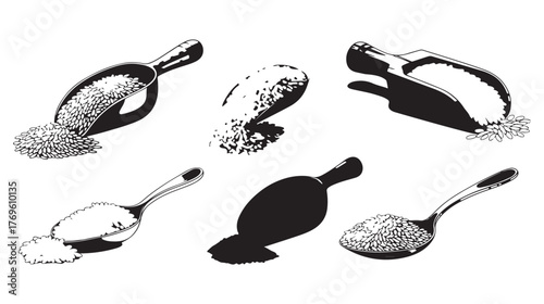 Rice Scoop and Spoon Silhouette Collection – Kitchen Grain Clip art Set.