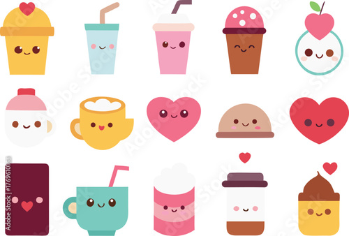 Cute kawaii valentine drinks and sweets vector icon pack for sweet celebrations