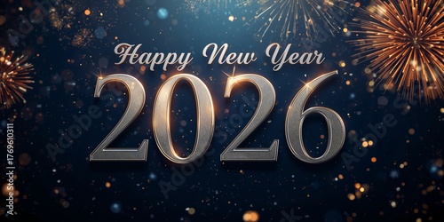 Happy New Year 2026: Glittering Golden Typography with Festive Ornaments, Gifts, and Red & Gold Celebration Decor