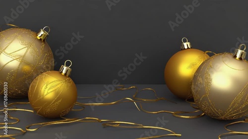 Luxurious golden Christmas ornaments with intricate patterns and shimmering ribbons scattered on