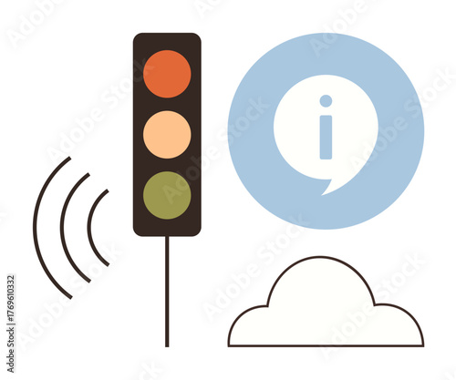 Traffic light emitting wireless signals, cloud icon, and info bubble suggesting connectivity, smart solutions, and data sharing. Ideal for technology, automation, urban planning, IoT communication