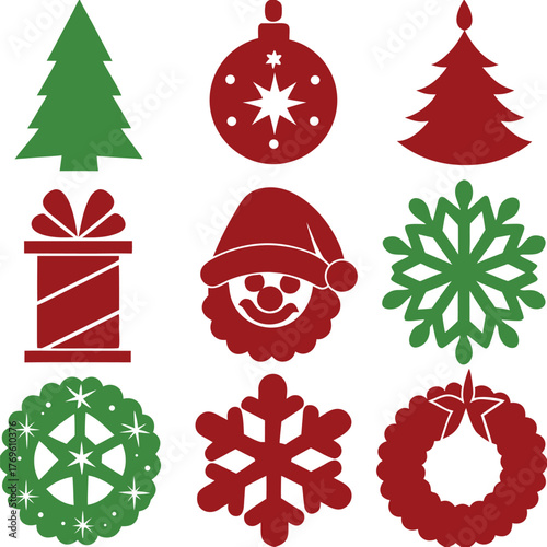 Colorful Six Christmas Icons Set for Holiday Design.