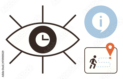 Eye with clock symbolizing awareness and time, info icon for communication, and navigation path with locator pin. Ideal for planning, tracking, guidance, quality, productivity connection. Simple