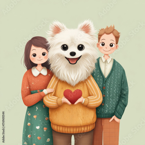 Cute Dog in Winter Sweater: Adorable White Puppy Wearing a Red and Green Outfit.