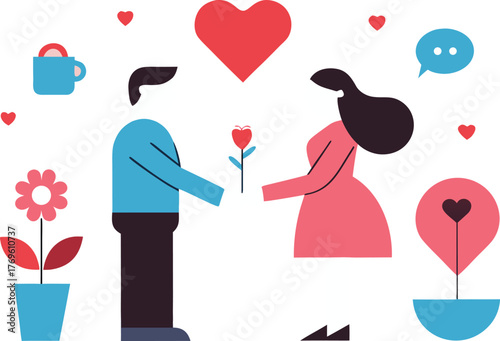 Minimalist romantic couple illustration with hearts and flowers vector bundle