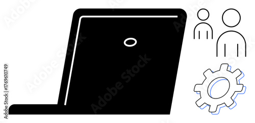 Laptop silhouette paired with simple figures and gear icon representing teamwork, digital tools, and technological processes. Ideal for business, collaboration, technology, efficiency, workforce