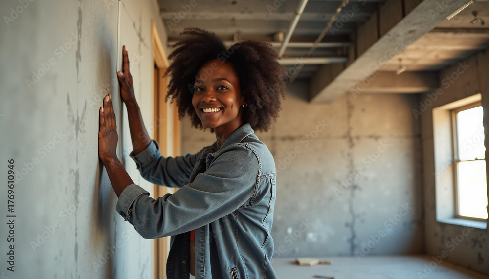 Obraz premium Smiling woman renovating house with fresh plaster on wall, she is happy about this house renovation. This house renovation is new stage in her life,